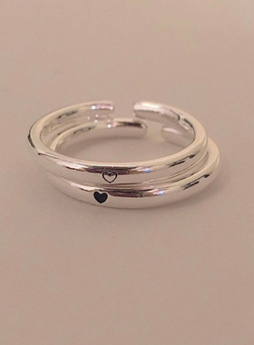 srrmhyn韩国东大门戒指女925纯银笑脸爱心黑刻印简约开口指环时尚