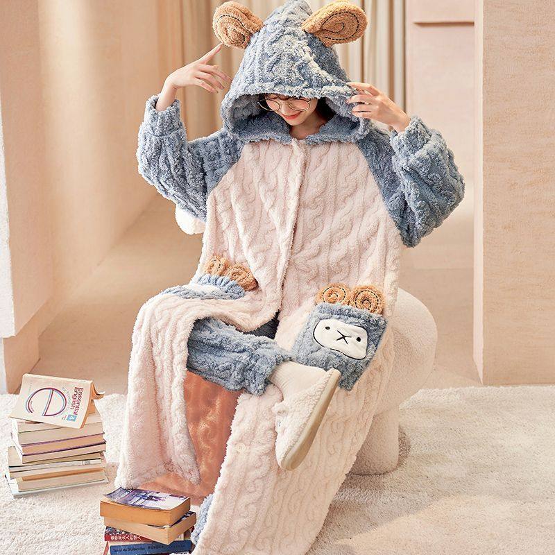 珊瑚绒睡袍女秋冬季法兰绒中长款睡裙可爱加厚毛绒可外穿睡衣大码,淘宝优惠券,粉丝福利购,淘宝优惠卷