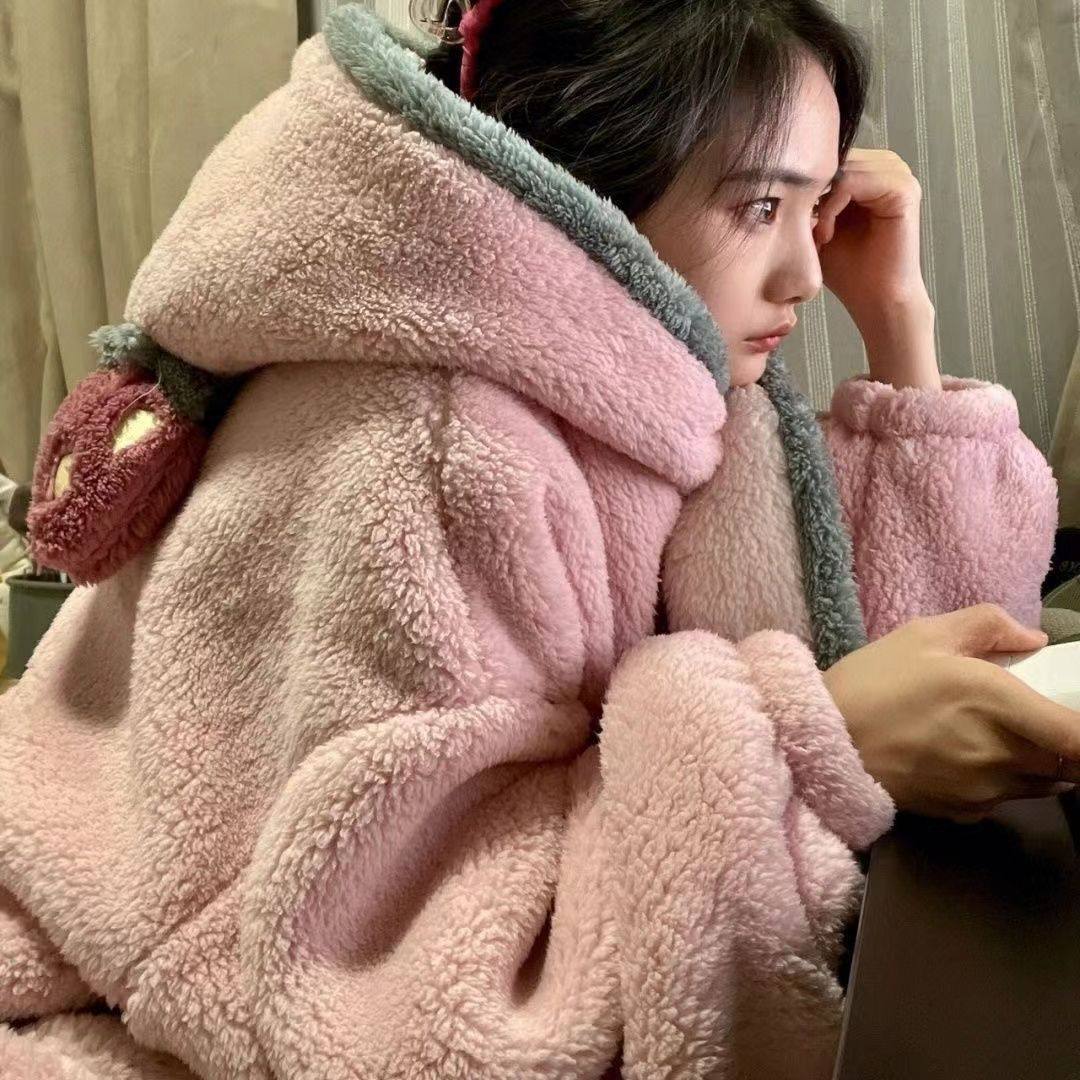 新款水果草莓睡衣女秋冬天睡袍加绒加厚珊瑚绒可外穿家居服女睡裙,淘宝优惠券,粉丝福利购,淘宝优惠卷