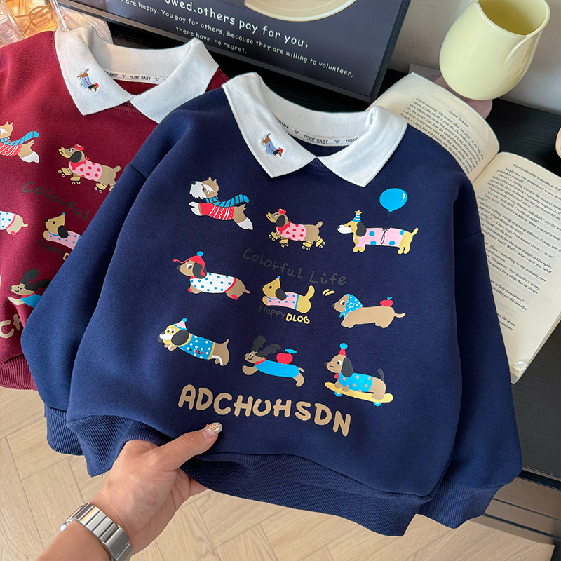 木木屋童装男童卫衣冬季绒连帽红色加厚POLO领儿童加绒冬装外套