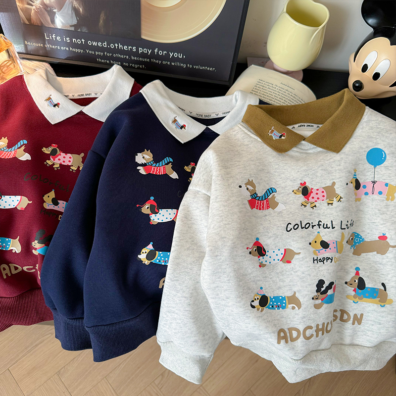 木木屋童装男童卫衣冬季绒连帽红色加厚POLO领儿童加绒冬装外套