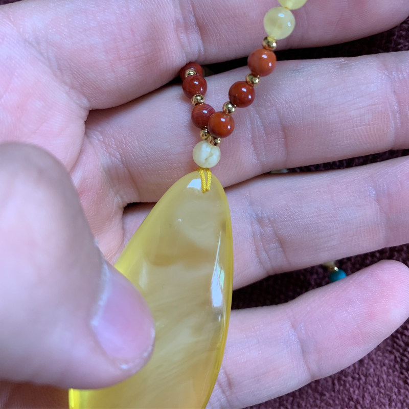 元辰宫天然蜜蜡水滴鸡油黄毛衣链 元辰宫项链