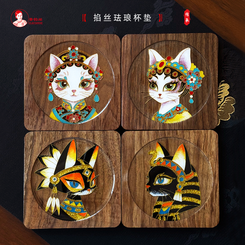 景韵阁 猫来富胡桃木杯垫壶承非遗掐丝珐琅画diy釉料材料包手工 - 图3