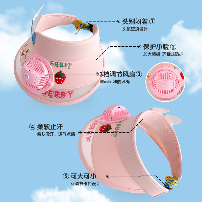 儿童带风扇空顶防晒帽子宝宝夏季新款小朋友男孩女童遮阳帽太阳帽-图2