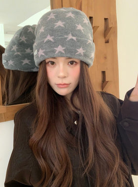 复古星星提花加绒护耳针织帽女