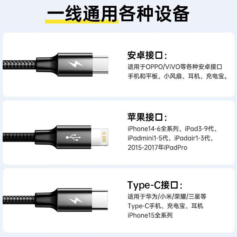 品胜二合一数据线一拖三快充充电器线通用适用苹果15华为手机typec多功能p40三合一车载USB充电线多双头2合一 - 图0
