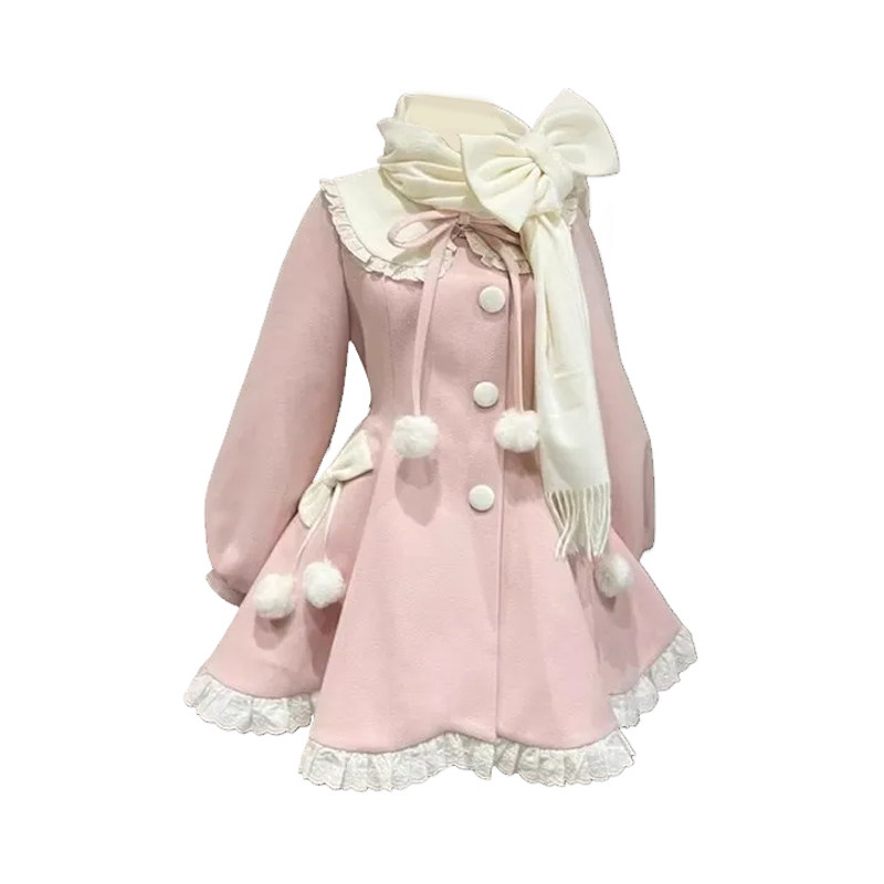 秋冬甜美风小个子围巾花边娃娃领毛球系带毛呢外套2025秋冬新款女,淘宝优惠券,粉丝福利购,淘宝优惠卷