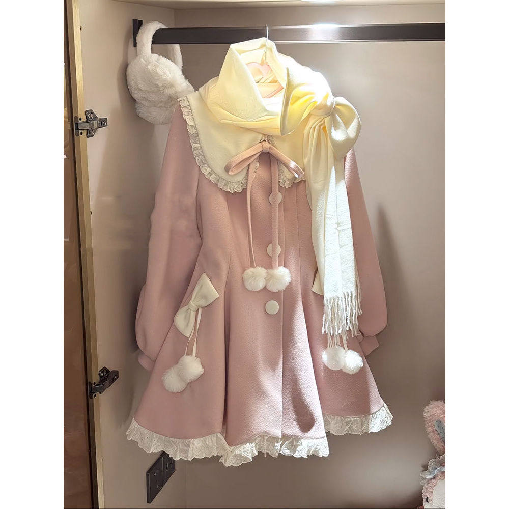 秋冬甜美风小个子围巾花边娃娃领毛球系带毛呢外套2025秋冬新款女,淘宝优惠券,粉丝福利购,淘宝优惠卷