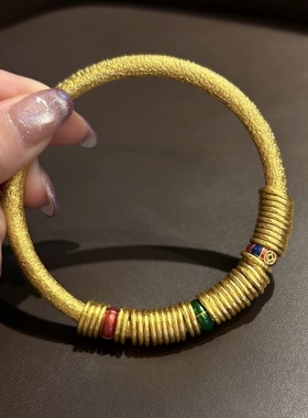 金包银珐琅盘缠手镯古法锤纹镯子女简约百搭闭口手镯定制首饰饰品