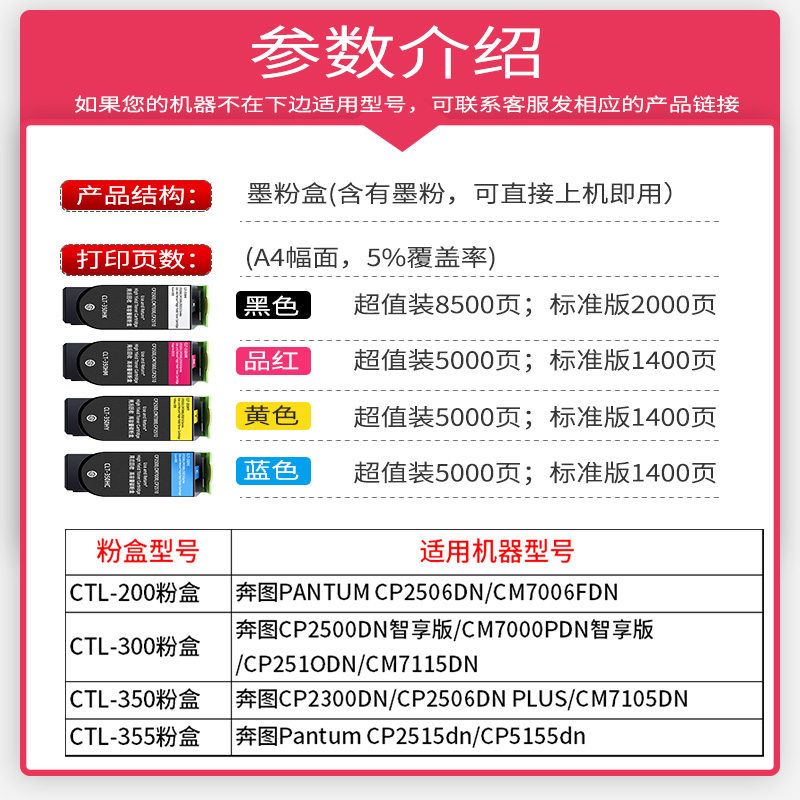 碳宝适用奔图CTL-200H粉盒CP2500DN CM7000FDN彩色粉盒CP2505dn硒鼓CP2506dn CM7006fdn四色打印机碳粉盒 - 图0