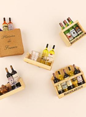 新款直销迷你红酒摆件冰箱贴拍摄道具酒瓶木质架立体创意欧式可爱
