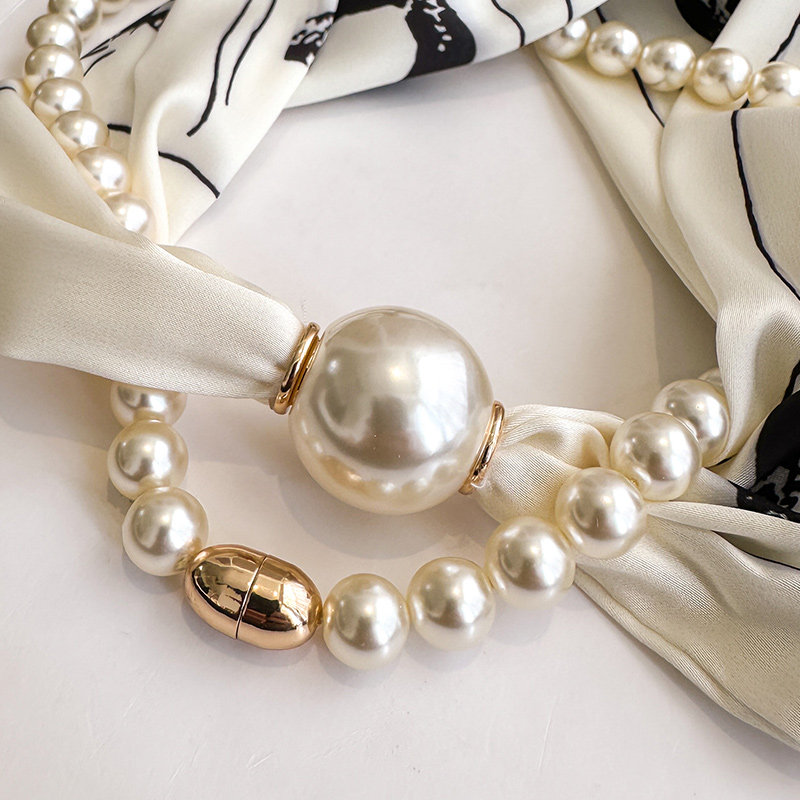 黑白色磁吸扣珍珠项链小长条丝巾女春秋护颈围脖子搭配衬衫薄围巾,淘宝优惠券,粉丝福利购,淘宝优惠卷