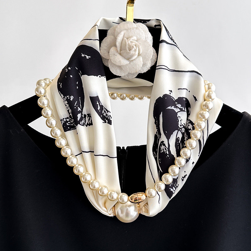 黑白色磁吸扣珍珠项链小长条丝巾女春秋护颈围脖子搭配衬衫薄围巾,淘宝优惠券,粉丝福利购,淘宝优惠卷