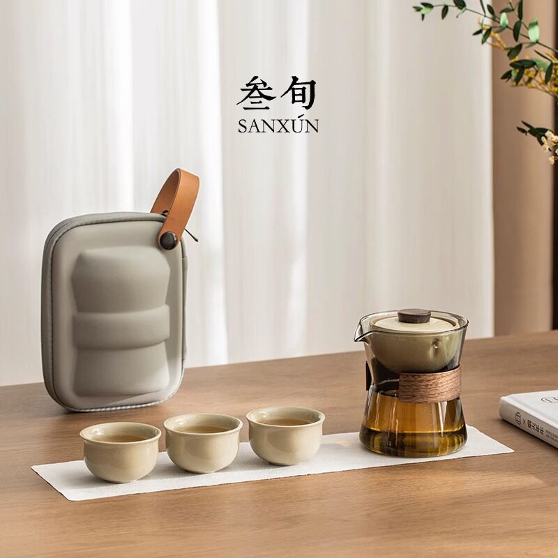 Thirty-year-old Ru kiln quick brewing cup portable bag type lazy tea making artifact one pot three cups travel tea set