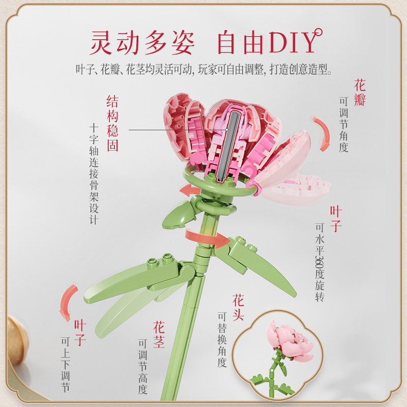 布鲁可爱之芍药小颗粒拼装花束积木 布鲁可建构/拼插积木