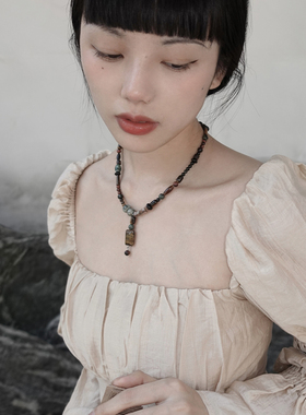 美拉德中式天然虎眼石方牌项链