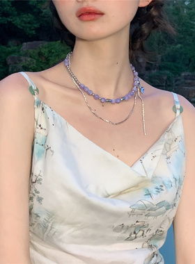 Afterparty紫罗兰石珠项链原创霓虹甜心水钻叠戴褶皱液态蝴蝶项圈