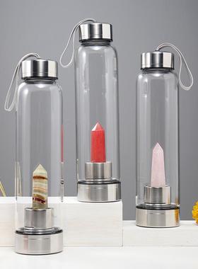 新款直销直销天然水晶柱能量玻璃水杯紫粉白水晶柱茶水杯可做logo