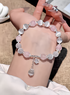 天然猫眼石手串女款高级精致设计好看灰月光正品水晶8MM白色手链