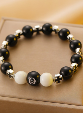 十字架手串男黑白阴阳中式国潮情侣高级小众设计黑8桌球串珠手链