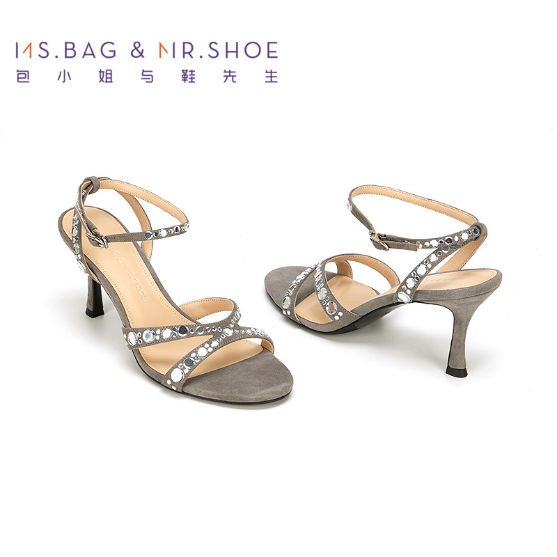 包小姐与鞋先生夏季细带绒面闪耀烫钻细跟凉鞋女252426,淘宝优惠券,粉丝福利购,淘宝优惠卷