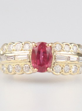 【自营】中古95新日本进口椭圆形切工红宝石钻石戒指K8黄金56号