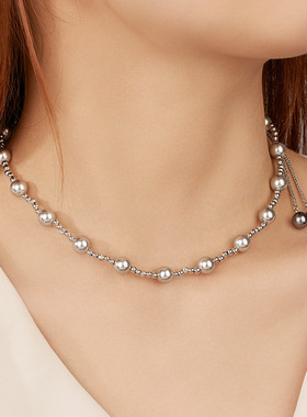 【自营】WEEKISS简约贝珠项链女925纯银抽拉调节锁骨链时尚百搭款