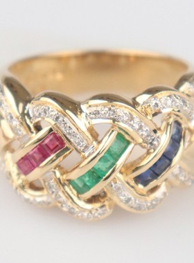 【自营】中古95新日本进口编织造型红蓝宝祖母绿戒指K18黄金54号