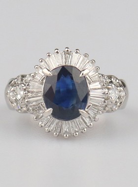 【自营】中古95新日本进口商品椭圆形切工蓝宝石群镶戒指铂金51号