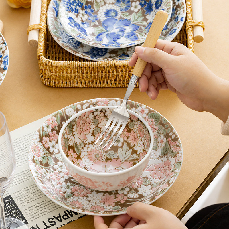 【自营】京友禅复古浮雕碗盘子菜盘家用时尚碗碟好看日式精致饭碗