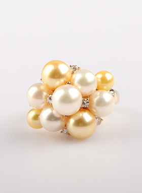 【自营】中古95新日本进口商品9颗海水珍珠钻石K18黄金57号戒指