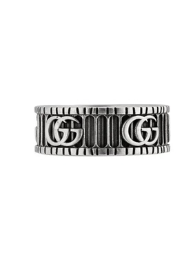 中古99新 Gucci/古驰双G复古做旧条纹银戒指