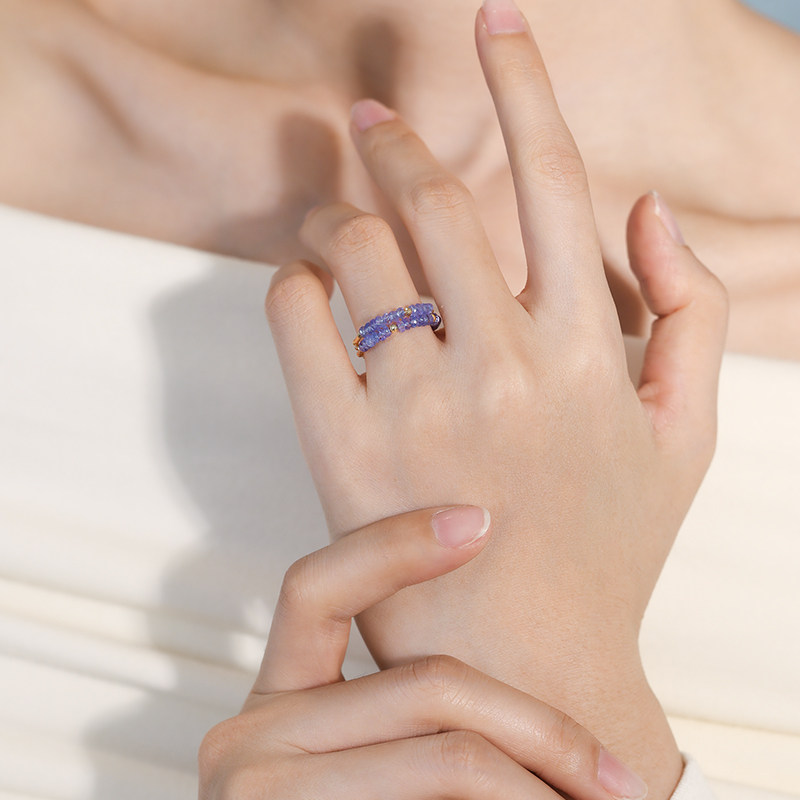 Ruohua Jewelry Purple Ring Flower Natural Tanzanite Ring Women's 18K Gold Gemstone Tail Ring Colorful Elastic Ring Gift