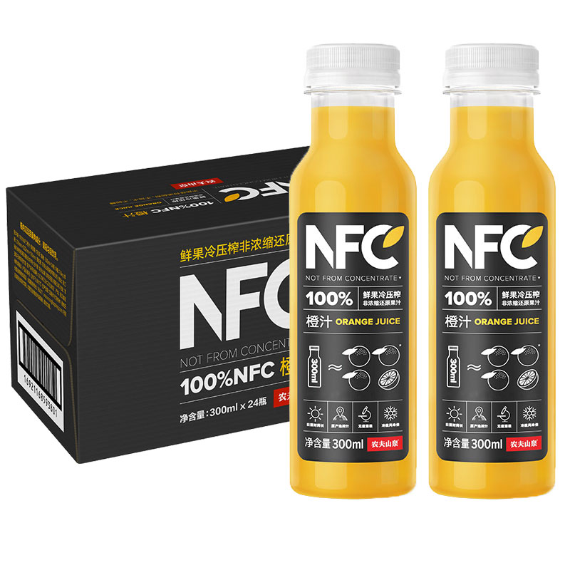 农夫山泉NFC果汁橙汁苹果芒果香蕉汁100%冷压榨饮料整箱300ml24瓶 - 图0