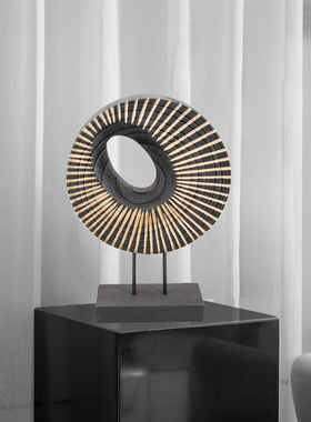 侘寂风圆环木雕平安扣装饰品摆件酒店会所前台软装饰品摆设复古款