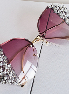 2024新款珍珠镶钻太阳镜女圆脸大脸显瘦 遮阳防晒夏天墨镜高级感