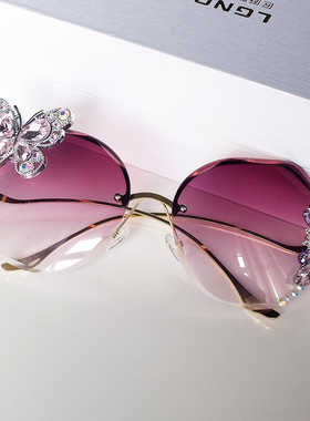 琪妍无边框渐变镶钻太阳镜女圆脸大脸显瘦遮阳韩版墨镜2025高档