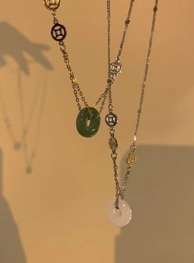 新中式白绿色平安扣项链ins小众个性气质轻奢风百搭锁骨链闺蜜