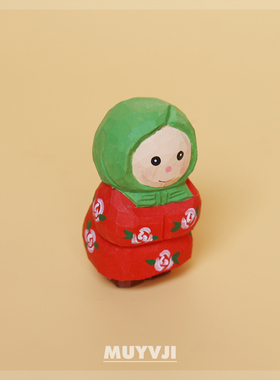 东北小俩口纯手工木雕摆件可爱创意桌面军大衣男孩花棉袄女孩礼物