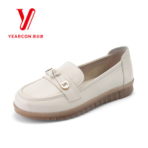 意尔康女鞋2025新款春秋款妈妈鞋软底真皮平底单鞋女中老年豆豆鞋