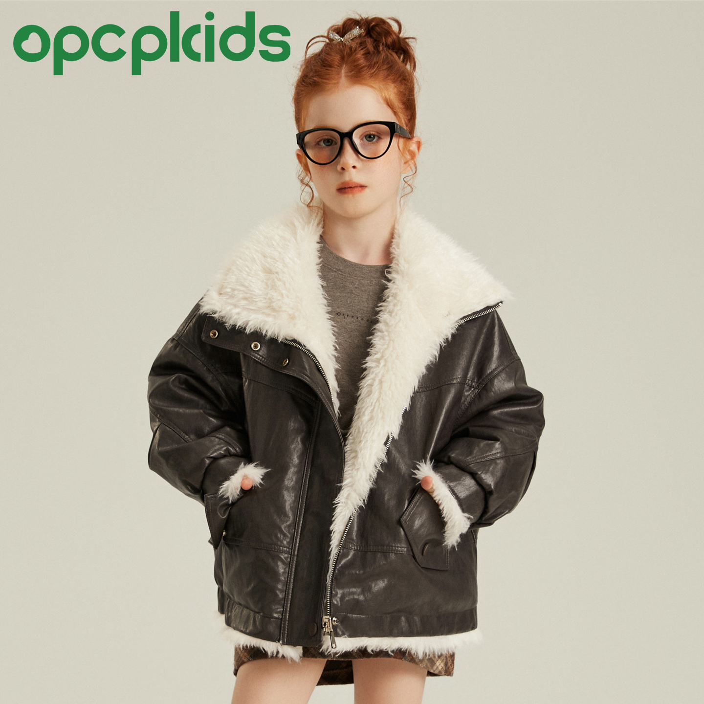 OPCP儿童机车服冬季新款女童PU皮正反两穿皮草外套男童夹克皮衣 - 图2