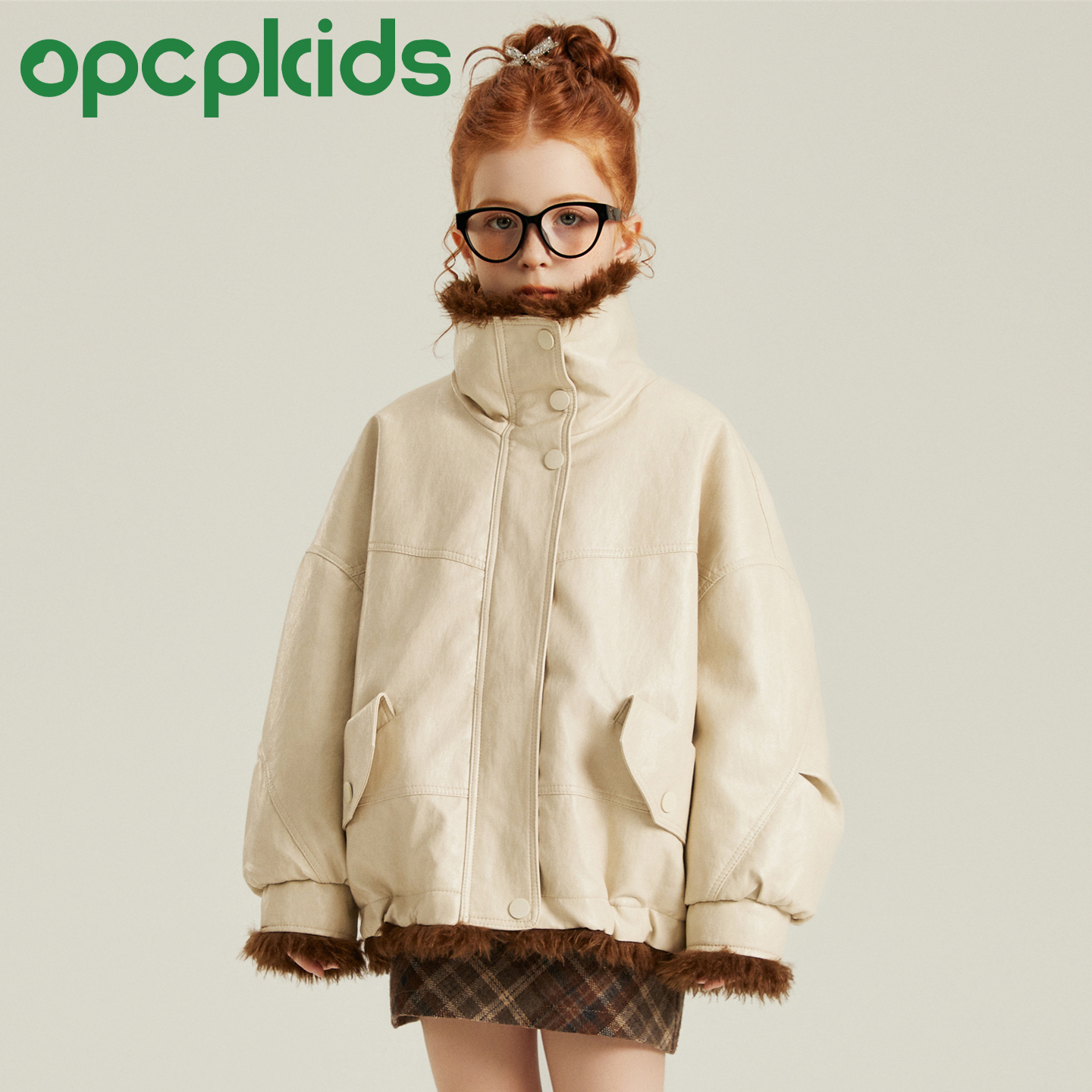 OPCP儿童机车服冬季新款女童PU皮正反两穿皮草外套男童夹克皮衣 - 图0