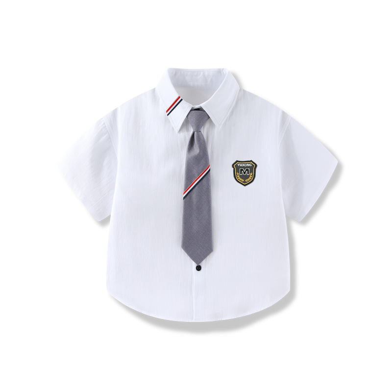 儿童新款短袖衬衫男童衬衣纯棉水洗夏季短袖女童上衣短白衬衫表演 - 图2