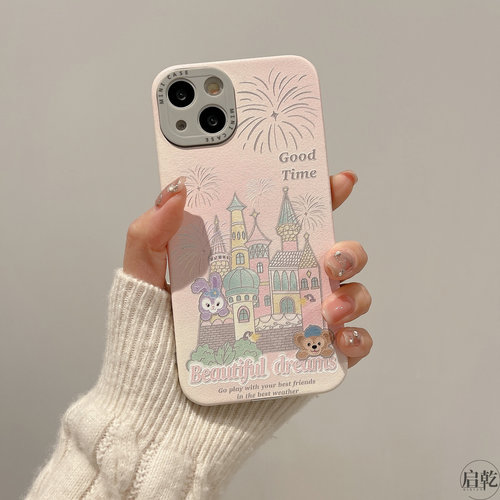 启乾星黛露达菲熊城堡iPhone17/16/15手机壳适用苹果14/13promax皮质软壳12少女心11可爱卡通小众渐变粉新款-图2