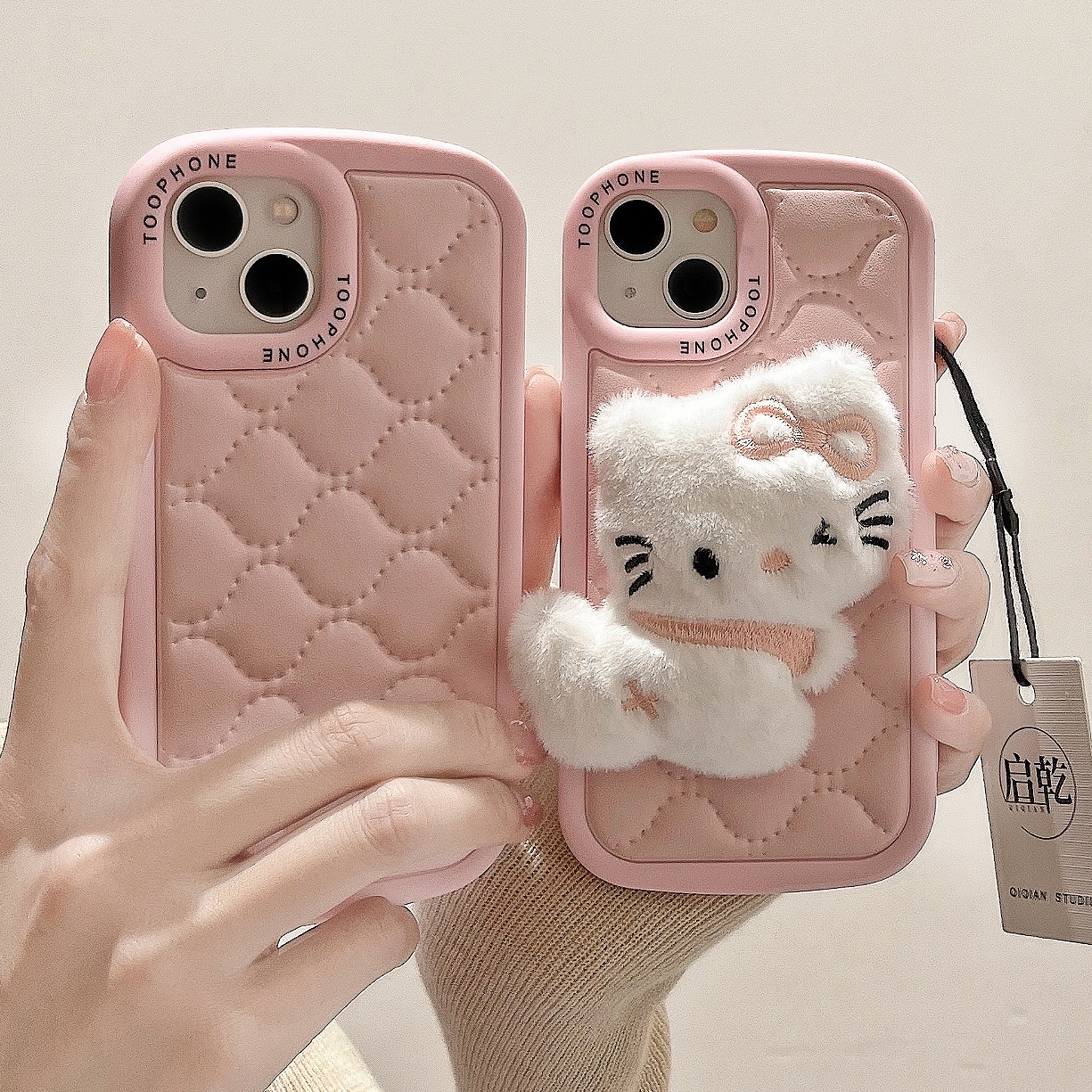 启乾 毛绒立体凯蒂猫iPhone15手机壳适用苹果14/13promax皮质软壳12少女心11可爱粉色哈喽HelloKitty秋冬新款 - 图1