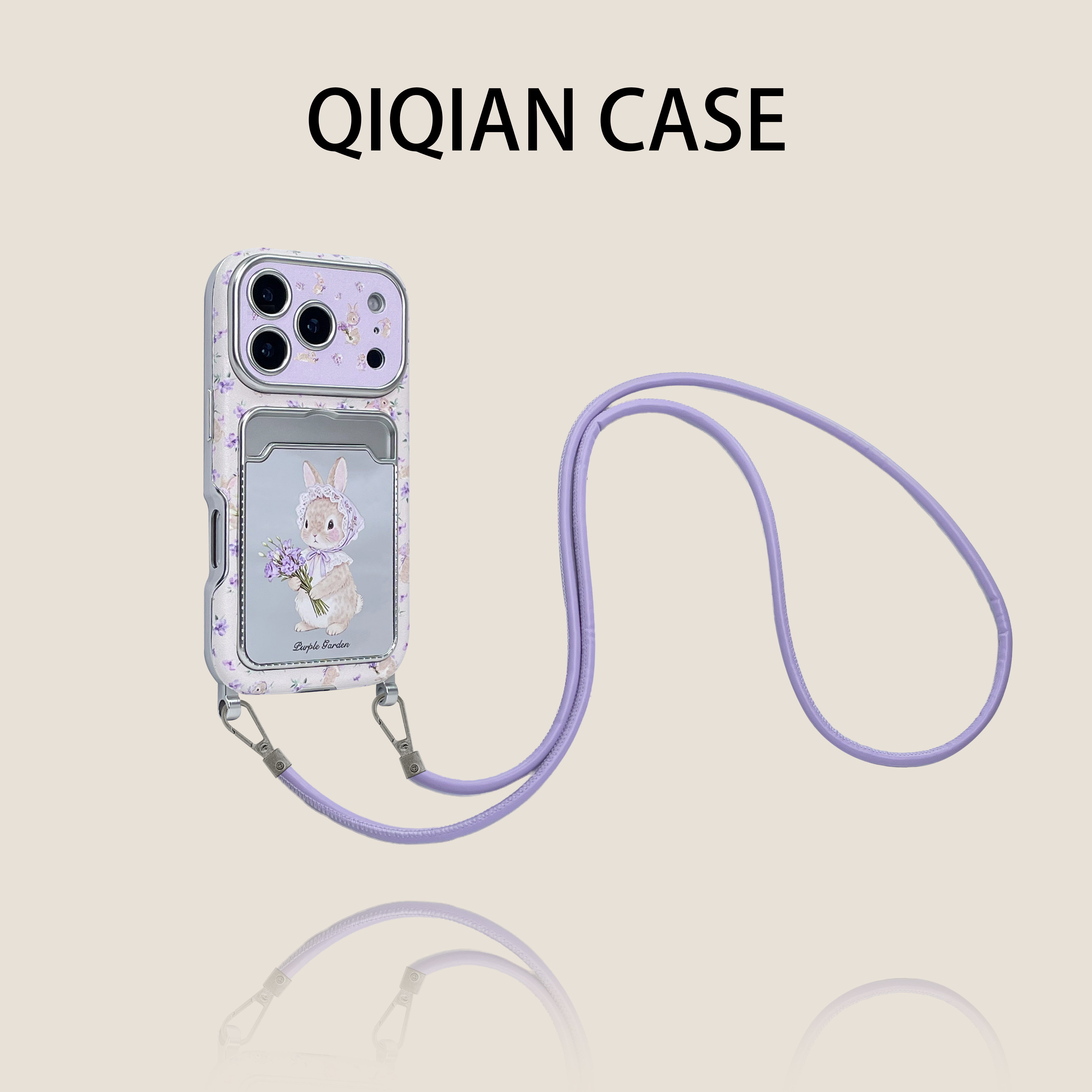 启乾 可爱紫色围巾小兔子镜面卡包腕带iPhone17/16手机壳适用苹果15/14promax硬壳13链条挂绳萌系少女心ins风,淘宝优惠券,粉丝福利购,淘宝优惠卷