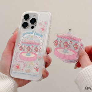 启乾 磁吸壳旋转木马凯蒂猫支架iPhone16/15手机壳适用苹果14/13promax硬壳可爱腊肠狗HelloKitty新款镜子女