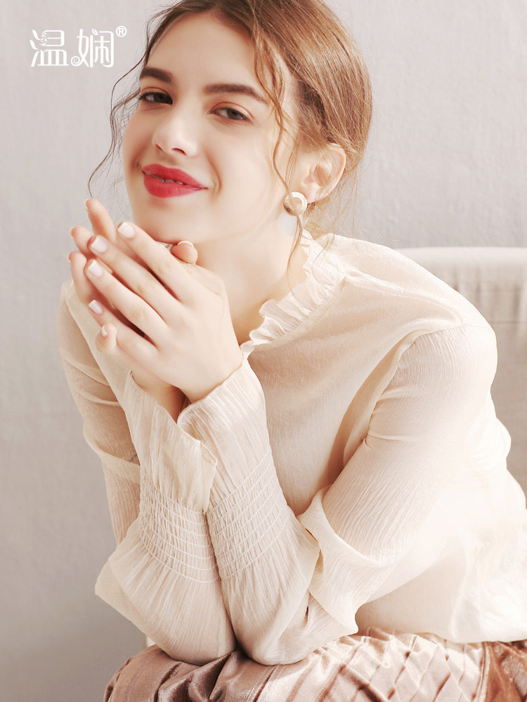 压褶木耳边女长袖内搭性感雪纺衫 温娴蕾丝衫/雪纺衫