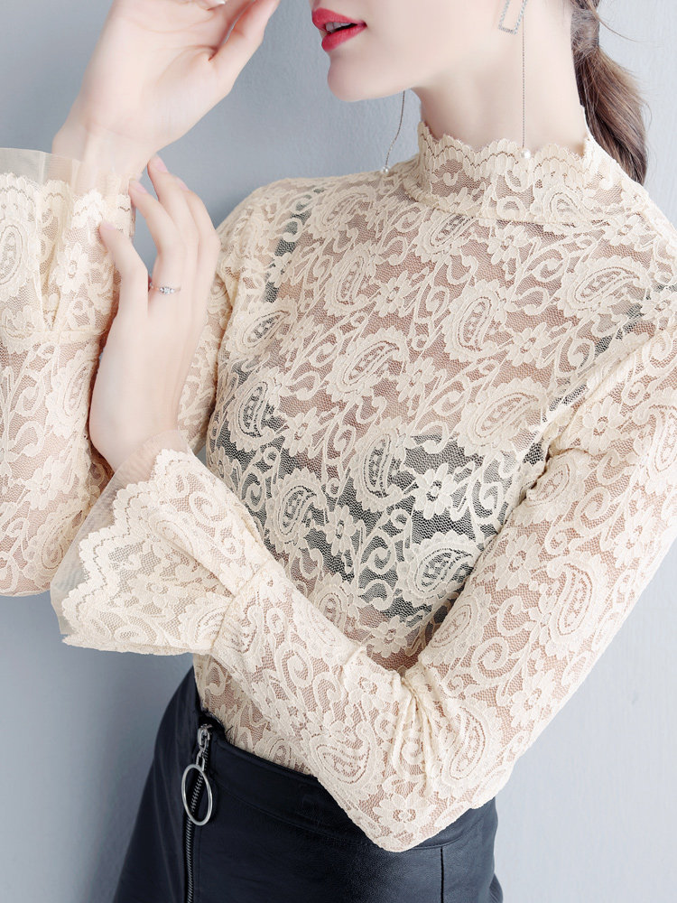 白色高领蕾丝女秋透明洋气小衫内搭 温娴T恤