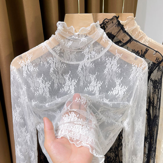 薄款高领蕾丝内搭小衫女秋冬2025新款木耳边网纱打底衫女内搭上衣